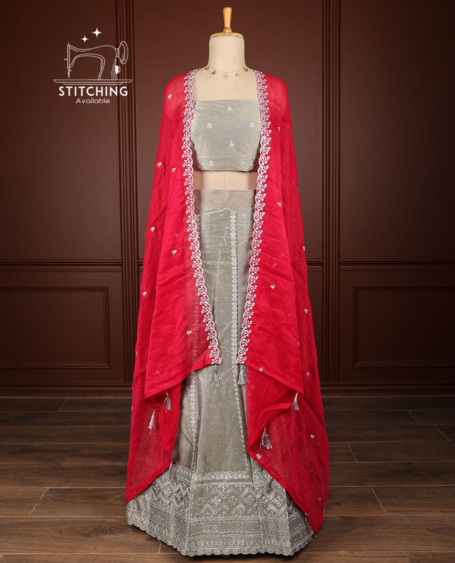 Mauve thread embroidery half saree with self border, thread embroidery blouse & floral embroidery scallop border dhavani