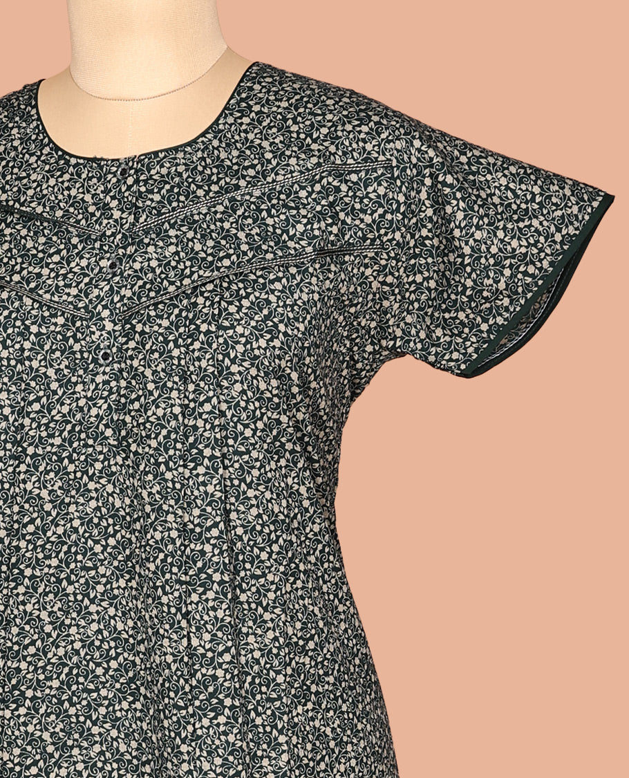 Green Floral Cotton-Blended Nighty