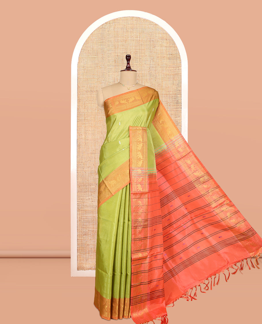Green Banana Pith Saree, Adorned with Zari Buttas, a Contrast Traditional Zari Border, Striped Pallu, and a Contrast Blouse