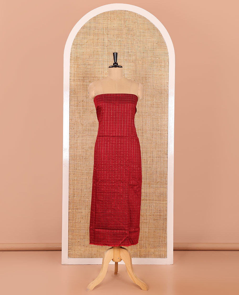Maroon Material Chudidar Set, Elevated with Zari Checks All Over Its Semi-Silk Top, Comes with a Subtle Plain Bottom, and a Contrast Semi-Silk Dupatta of Zari Border and Tassels