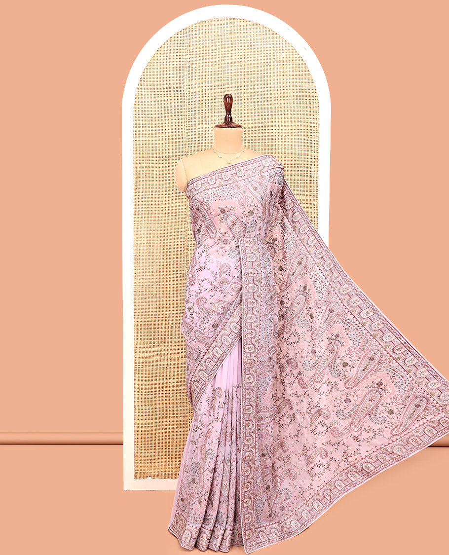 Pale Pink Designer Saree, Meticulously Crafted with Floral-Paisley Embroidery, a Mixed Embroidery Border, and a Matching Blouse