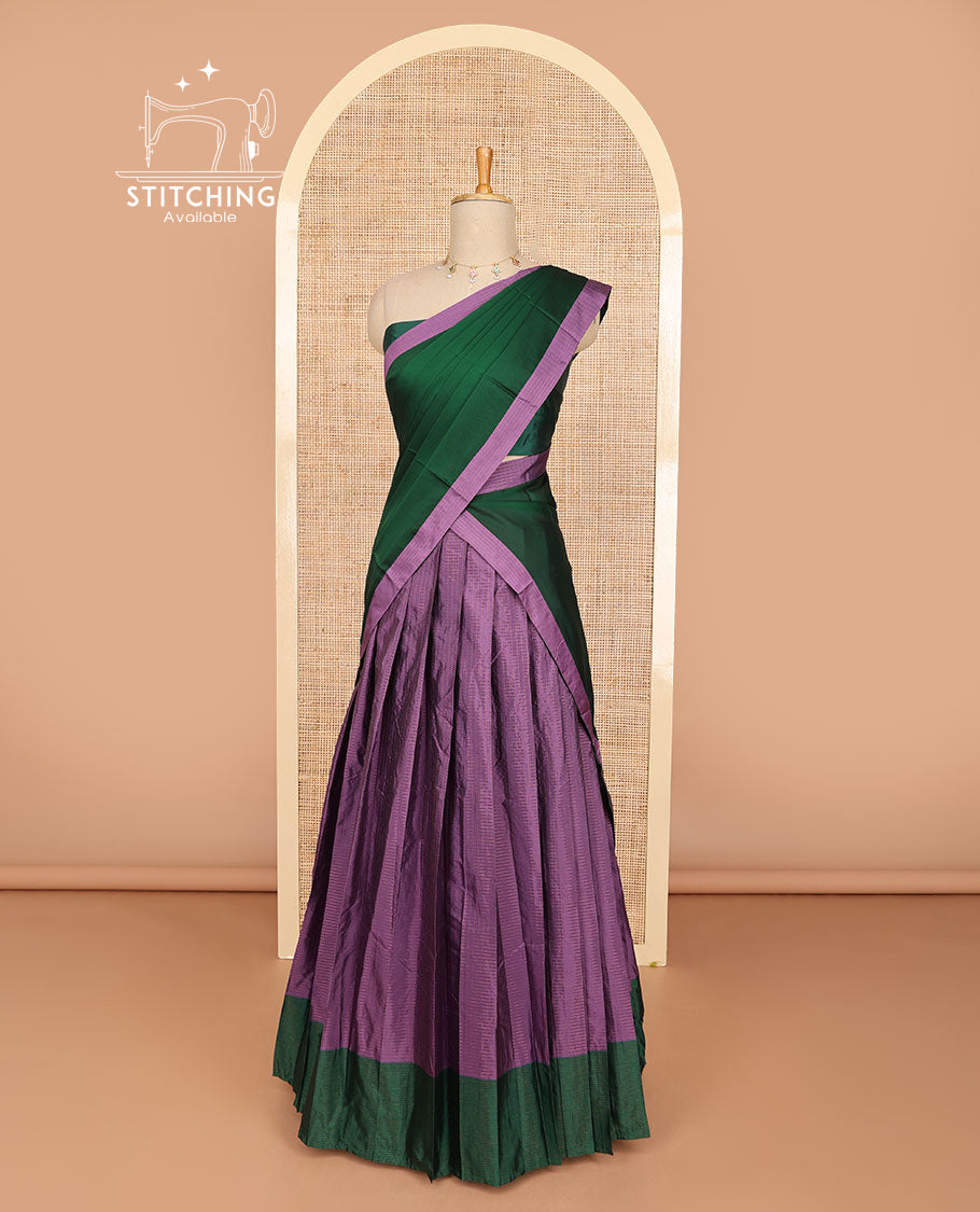 Purple checked cotton half saree with contrast border, plain blouse & plain dhavani