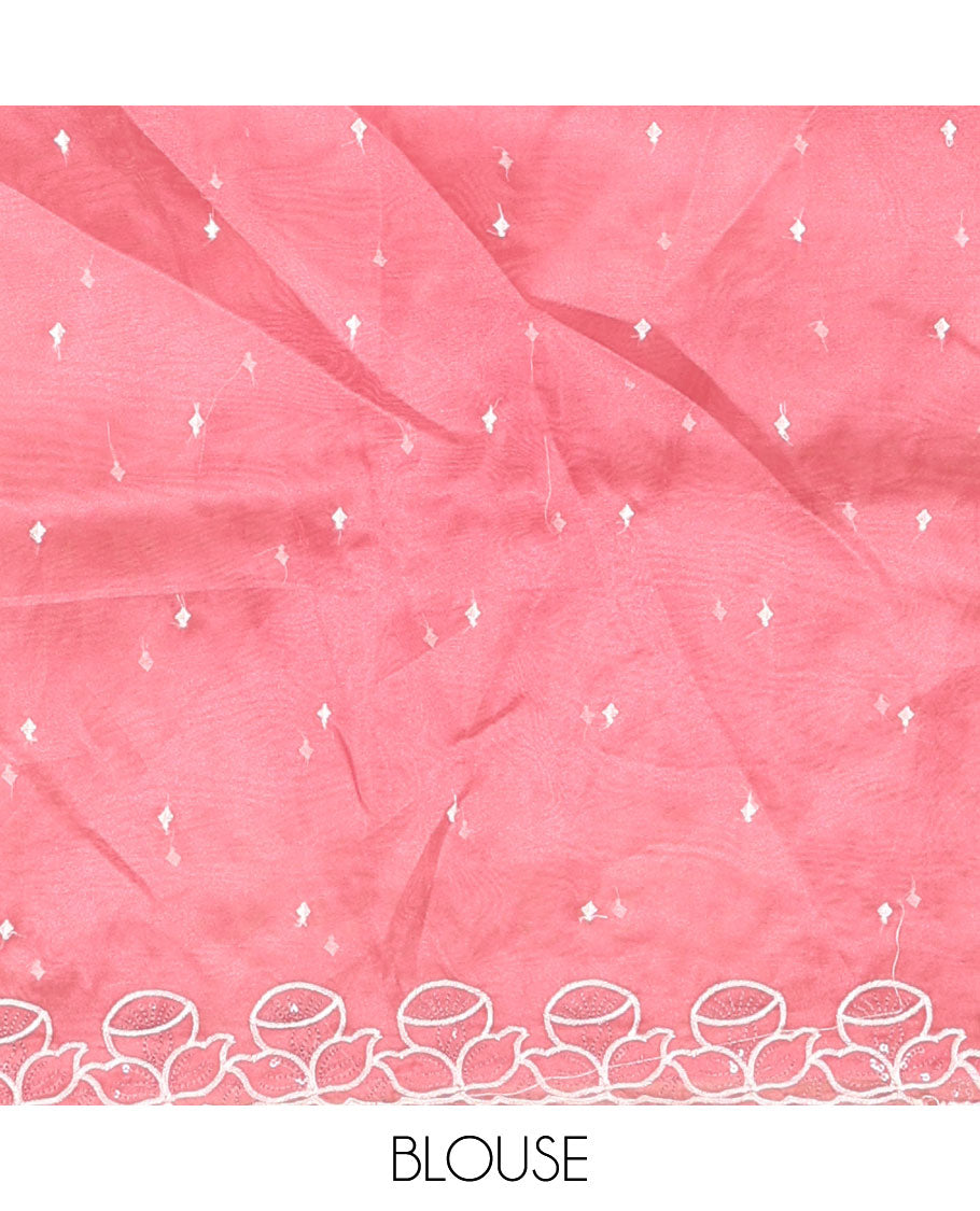 Pink Organza Saree, Subtly Sparkled with Embroidered Buttas Across Its Body, Highlighted by a Scallop Floral Thread Embroidered Border, a Self-Pallu, and Paired with a Matching Blouse