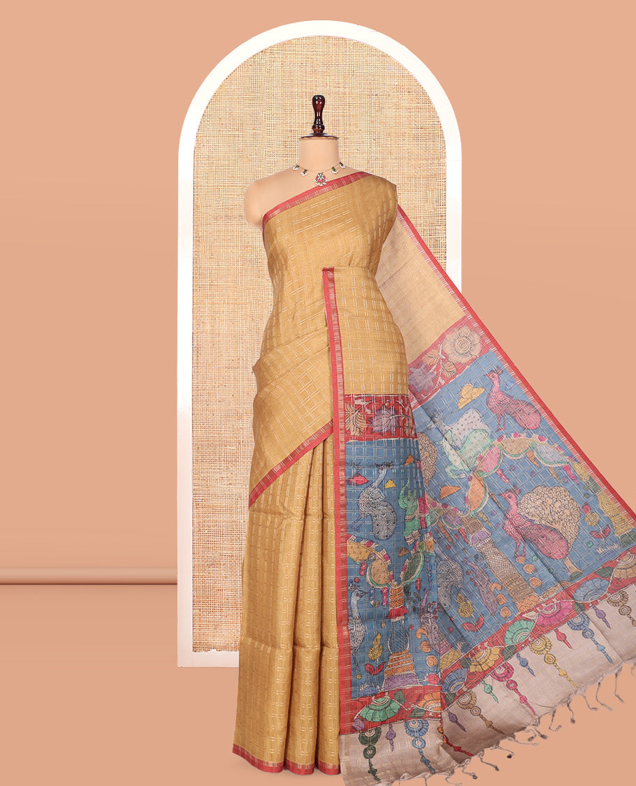 Sandal Fancy Tussar Silk Saree, Subtly Sparkled with Checked Design, Contrast Zari Piping Border, Pallu of Kalamkari Animal Motifs, and Contrast Kalamkari Printed Blouse