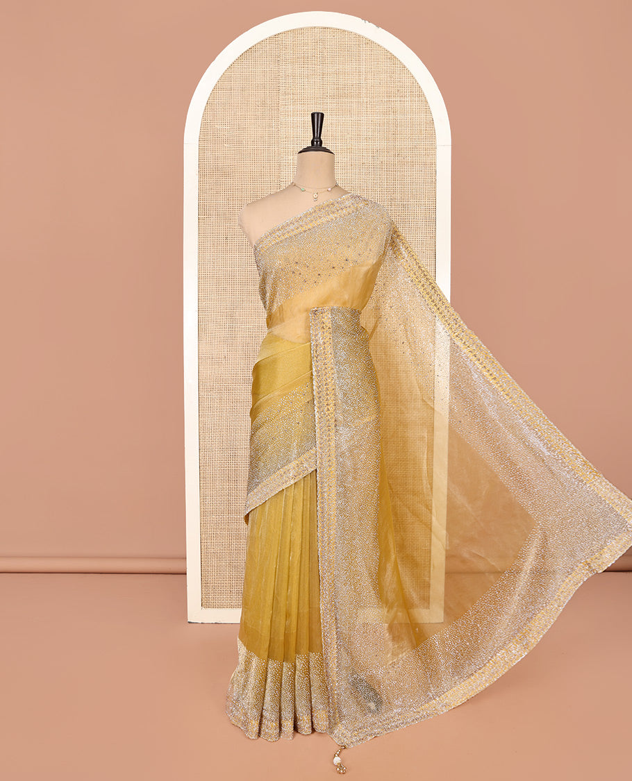 Gold Fendi Silk Saree, Enthralled with Swarovski Stonework Border, and a Stonework Blouse