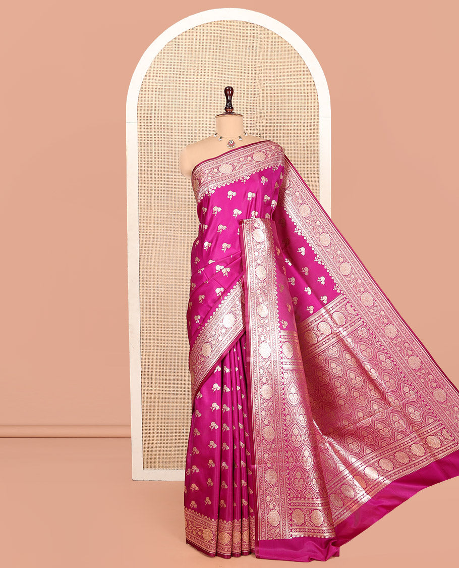 Rani Pink Banarasi Nylon Saree, Finely Crafted with Zari Buttas, Highlighted by a Floral Creeper Zari Border, Intricate Pallu, and a Matching Blouse