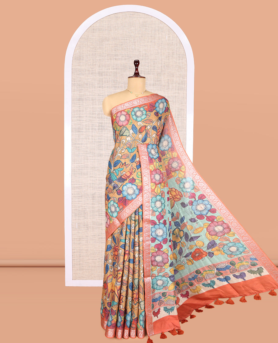 Sandal Kalamkari Printed Fancy Tussar Saree