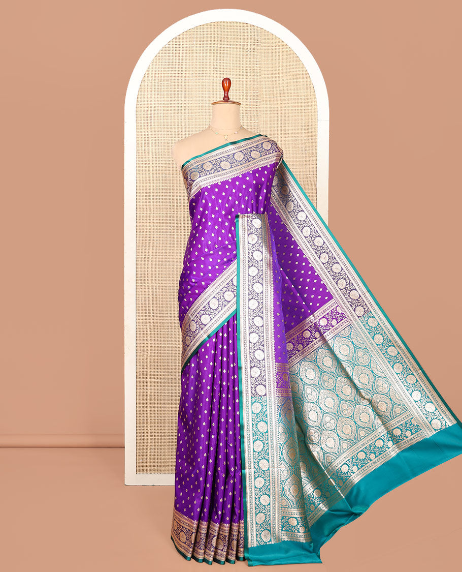 Violet Semi-Banaras Saree, Detailed with Buttas on Its Body, Complemented by a Contrast Floral Creeper Design Border, Intricately Designed Pallu, and Paired with a Contrast Blouse