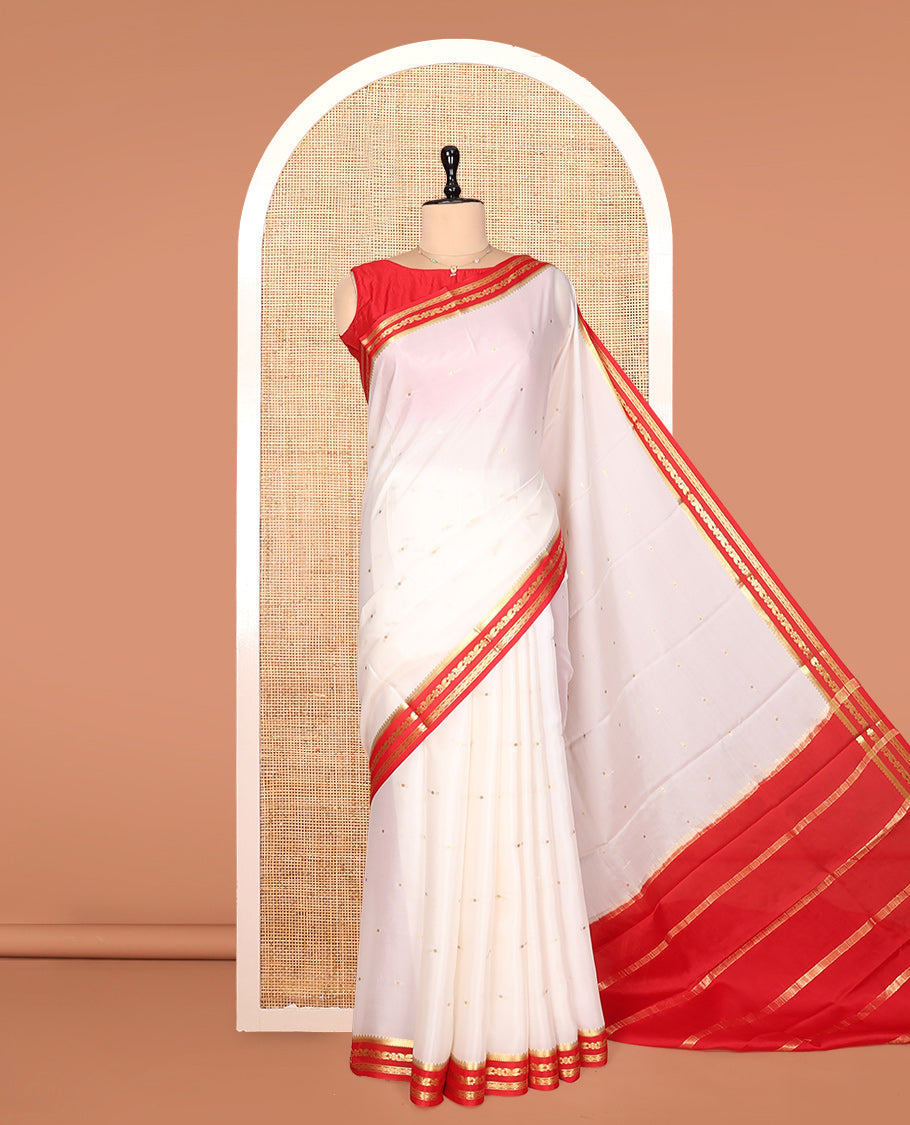White Mysore Silk Saree, Subtly Woven with Buttas, Complemented by a Contrast Traditional Zari Border, Zari Design Pallu, and a Contrast Blouse