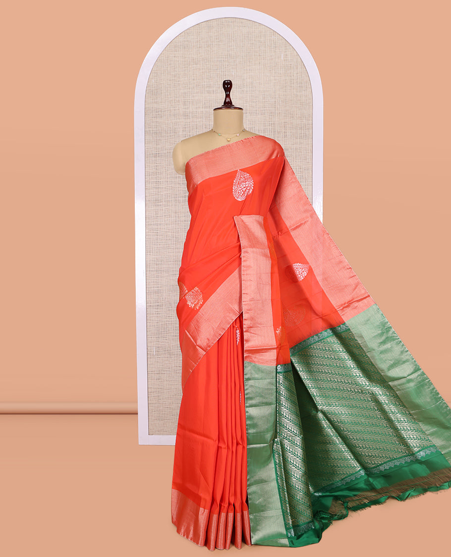 Orange Uppada Saree, Crafted with Zari Buttas, a Bavanji Border, Contrast Leaf Vine Pallu, and a Contrast Blouse
