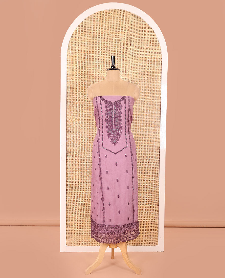 Pink Material Chudidar Set Adorned with Embroidered Organza Chiffon Top, Subtly Made Plain Santoon Bottom, and a Organza Dupatta Featuring Floral Jaal Embroidery