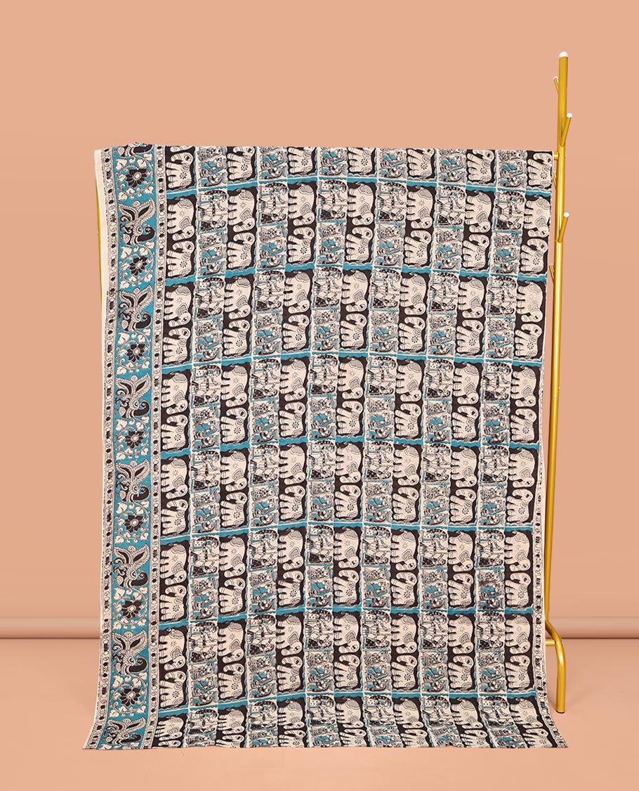 Black Machine-Printed Kalamkari Cotton Saree, Adorned with Elephant and Human Figurine Enclosed Checks on Its Body, Complemented by a Contrast Peacock Printed Border, Pallu of Radha Krishnan Motifs Print, and Paired with a Printed Blouse