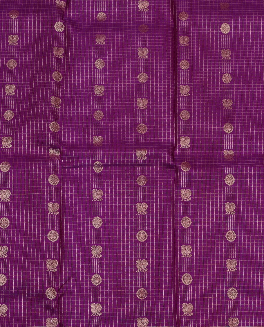 Purple Pure Silk Half-Saree, Masterfully Woven with Mayil-Chakram Buttas and Micro-Checks on Its Skirt, Complemented by a Contrast Border of Rekku, Chakram, and Yaanai Designs, Comes with a Contrast Blouse and a Dhavani of Intricate Designs