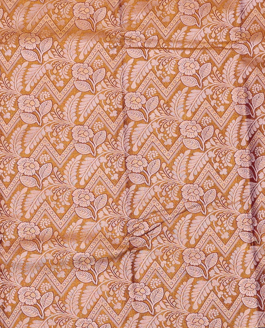 Mustard Art Silk Pavadai Material Set Majestically Detailed with Jacquard Design on Its Skirt, Complemented by a Contrast Zari Design Border, and Paired with a Matching Jacquard Blouse