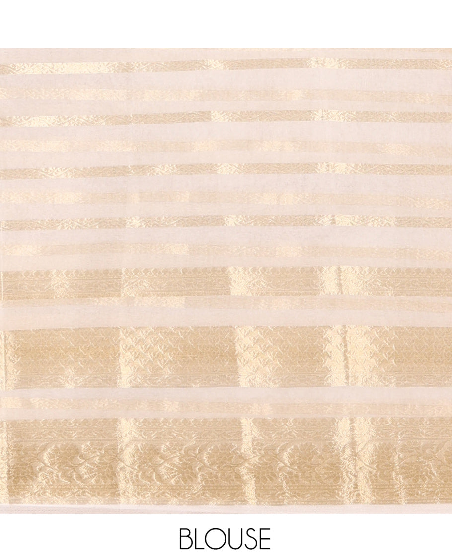 Cream Semi-Organza Saree, Steeped in Richness of Horizontal Zari Stripes All Over Its Body, Highlighted by a Traditional Zari Design Border, Gleaming Zari Design Pallu, and Paired with a Matching Blouse