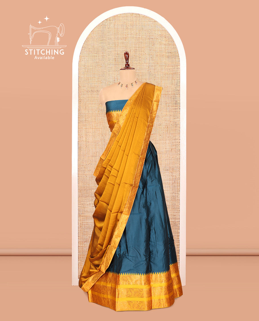 Peacock Blue Semi-Banarasi Half-Saree Features Plain Skirt, Contrast Floral Creeper Zari Border, Matching Blouse, Contrast Dhavani