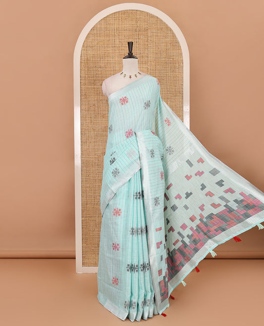 Sea blue vertical striped & geometric buttas Jute linen saree, Sliver zari border, geometric patterned pallu & vertical striped blouse