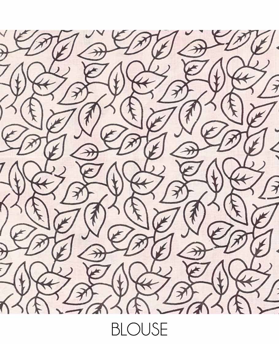 Cream floral vine design machine-printed kalamkari saree with contrast geometric design border & animal design pallu