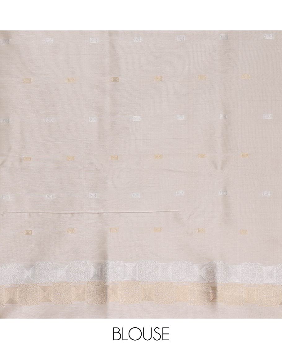 Cream Semi Tussar Saree Elevated with Zari Plus-Shaped Buttas, Gleaming Border of Intricate Zari Checks, Pallu Richly Woven with Jaal Designs, and Paired with a Matching Blouse