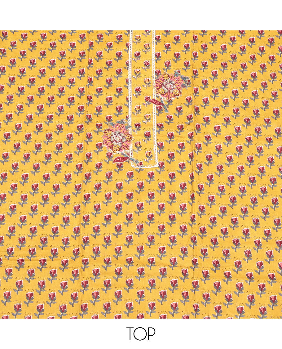 Yellow Cotton Material Churidar Set, Embellished with Floral Print and Embroidery Top, Floral Bottom, and a Printed Dupatta