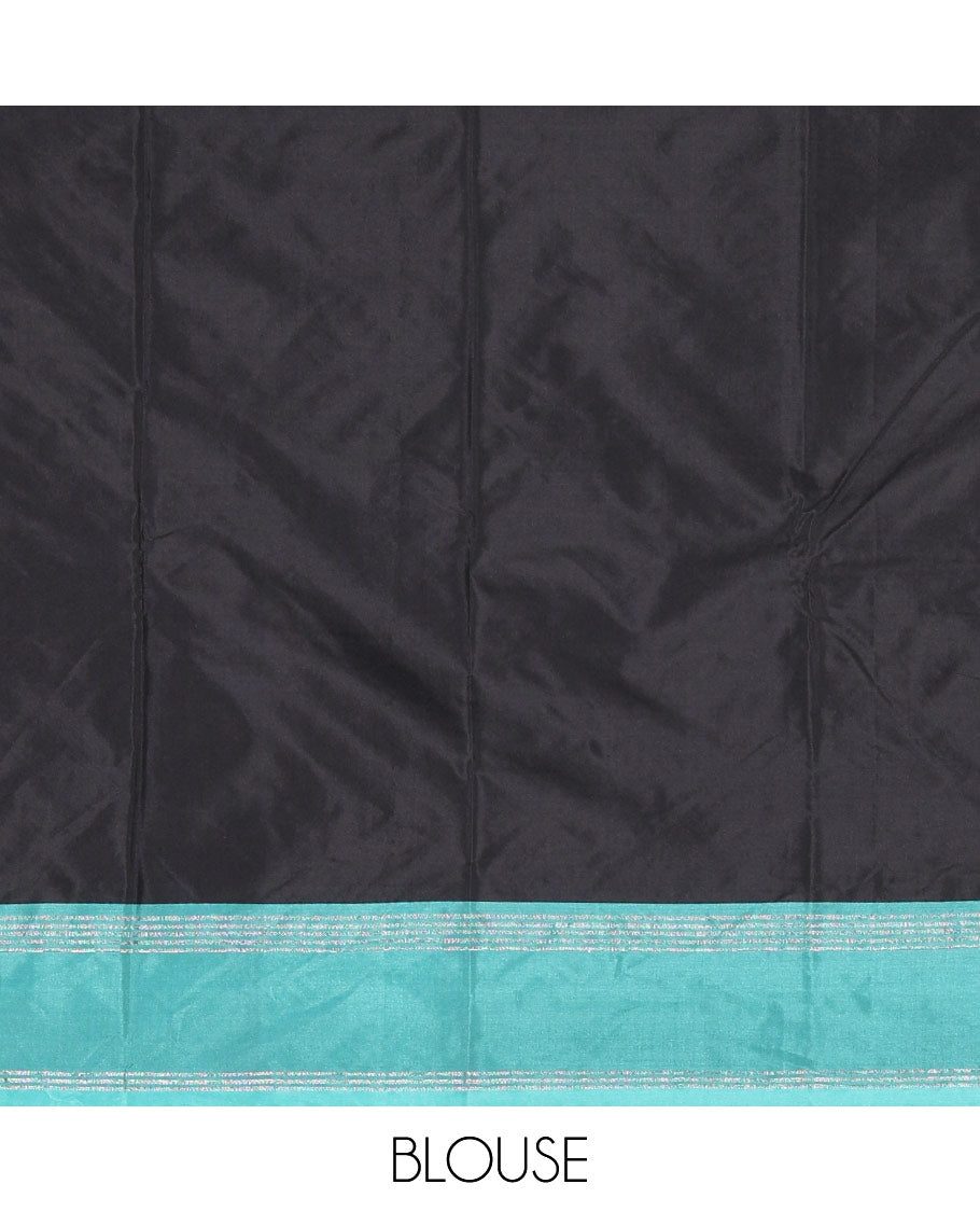 Black plain semi-soft silk saree, contrast horizontal zari striped border, striped pallu, and a matching blouse