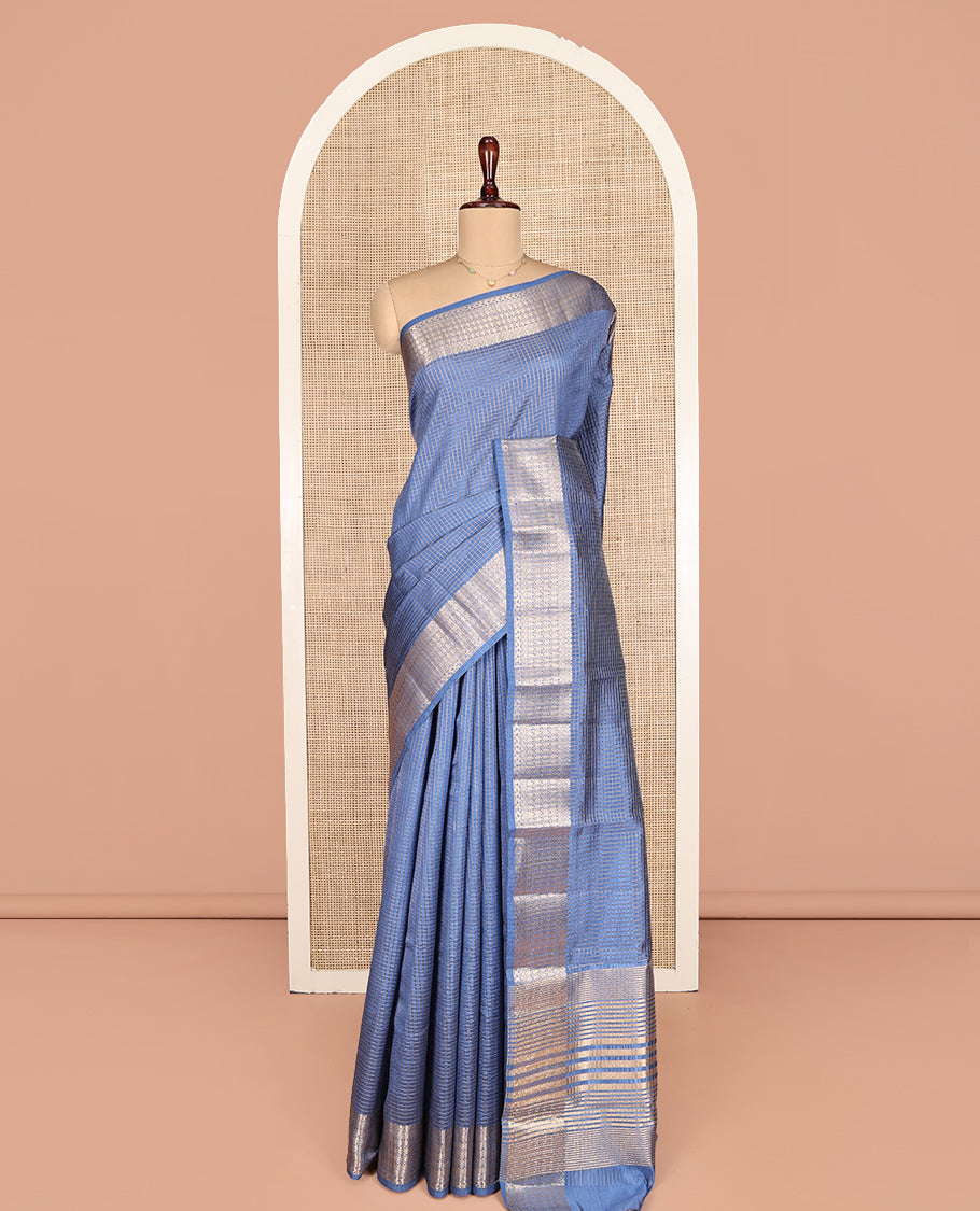 Blue Dupion Silk Saree, Elevated with Zari Micro-Checks, Highlighted by a Traditional Zari Design Border, Zari Striped Pallu, and a Matching Blouse