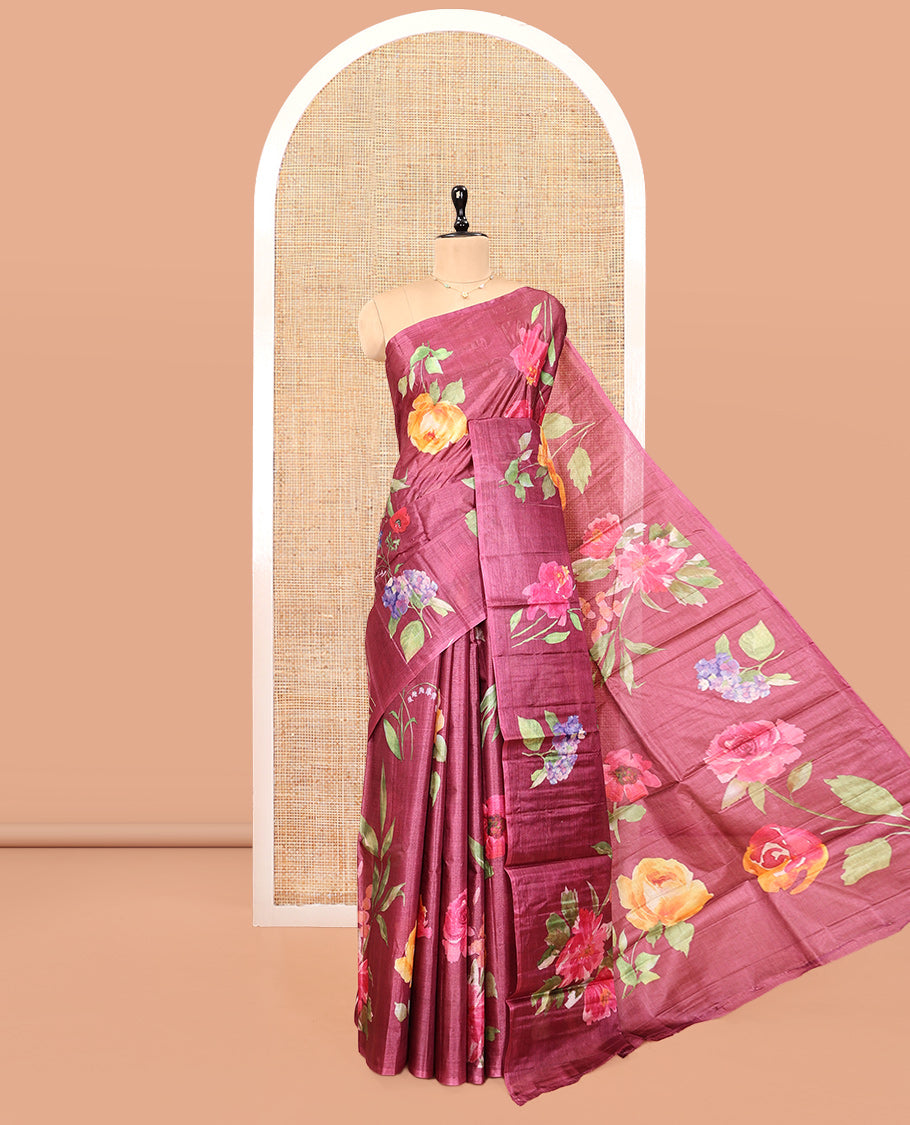Borderless Wine Fancy Tussar Saree, Artfully Detailed with Floral Print, Floral Printed Pallu, and a Matching Blouse