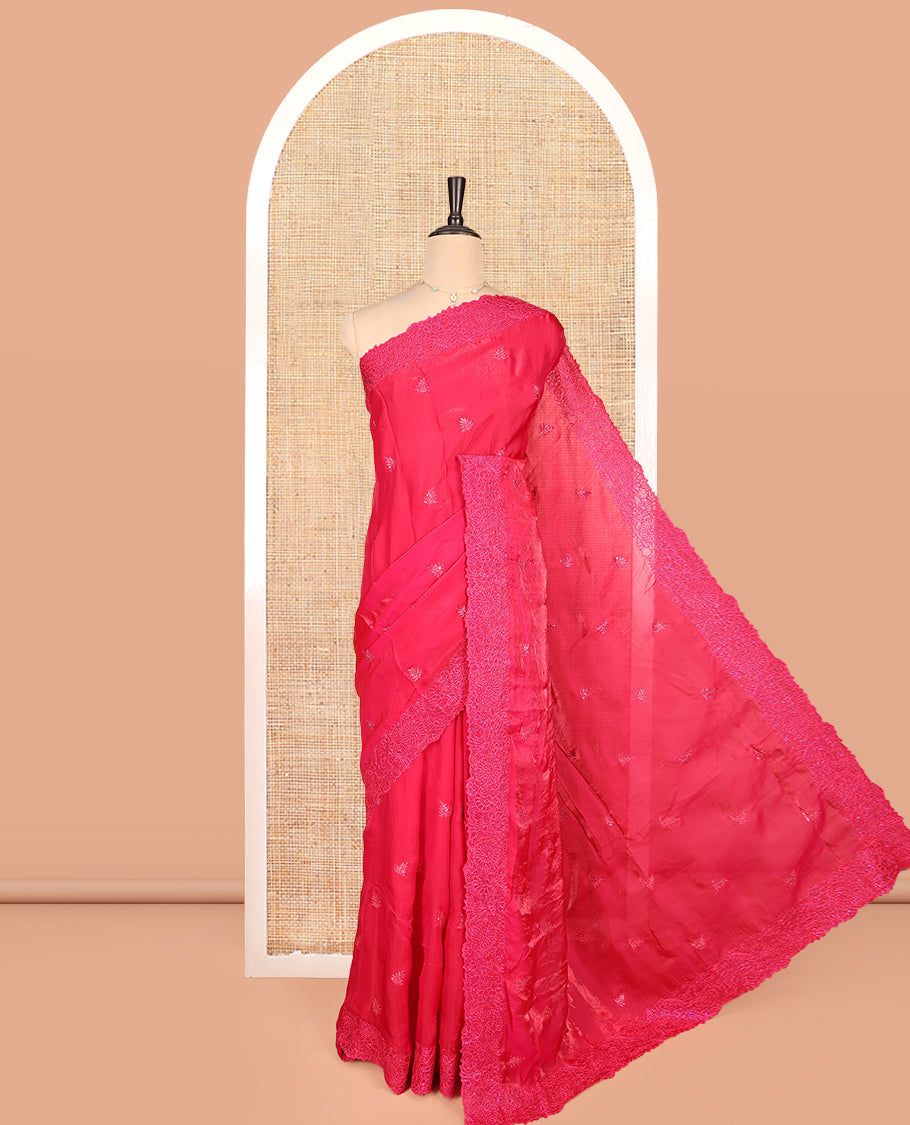 Pink Designer Saree, Prettified with Leaf Stone Patchwork, a Scallop Floral Stonework Border, and a Matching Blouse
