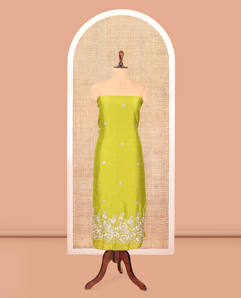 Liril Green Semi-Silk Material Churidar Features a Floral Embroidered Top, a Matching Bottom, Embroidered Dupatta