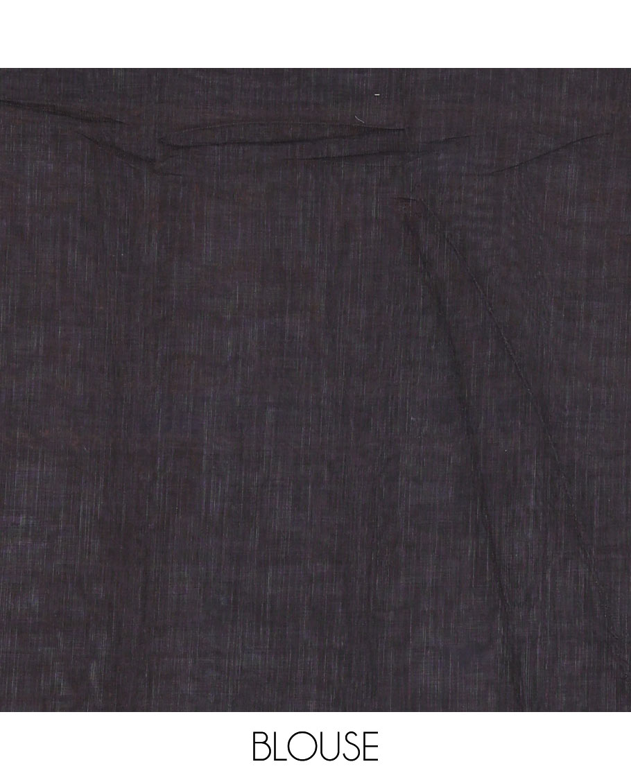 Black floral motifs printed linen cotton saree with contrast kalamkari floral vine printed border, floral vine printed pallu, and a plain blouse