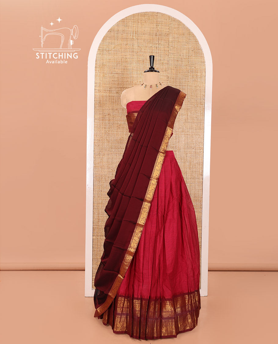 Rani Pink with Magenta Chettinad Cotton Half-Saree Featuring Plain Skirt, Complemented by Contrast Rettai Pettu Traditional Border of Peacock and Elephant Designs, Paired with a Matching Blouse, and a Satin Georgette Zari Bordered Dhavani