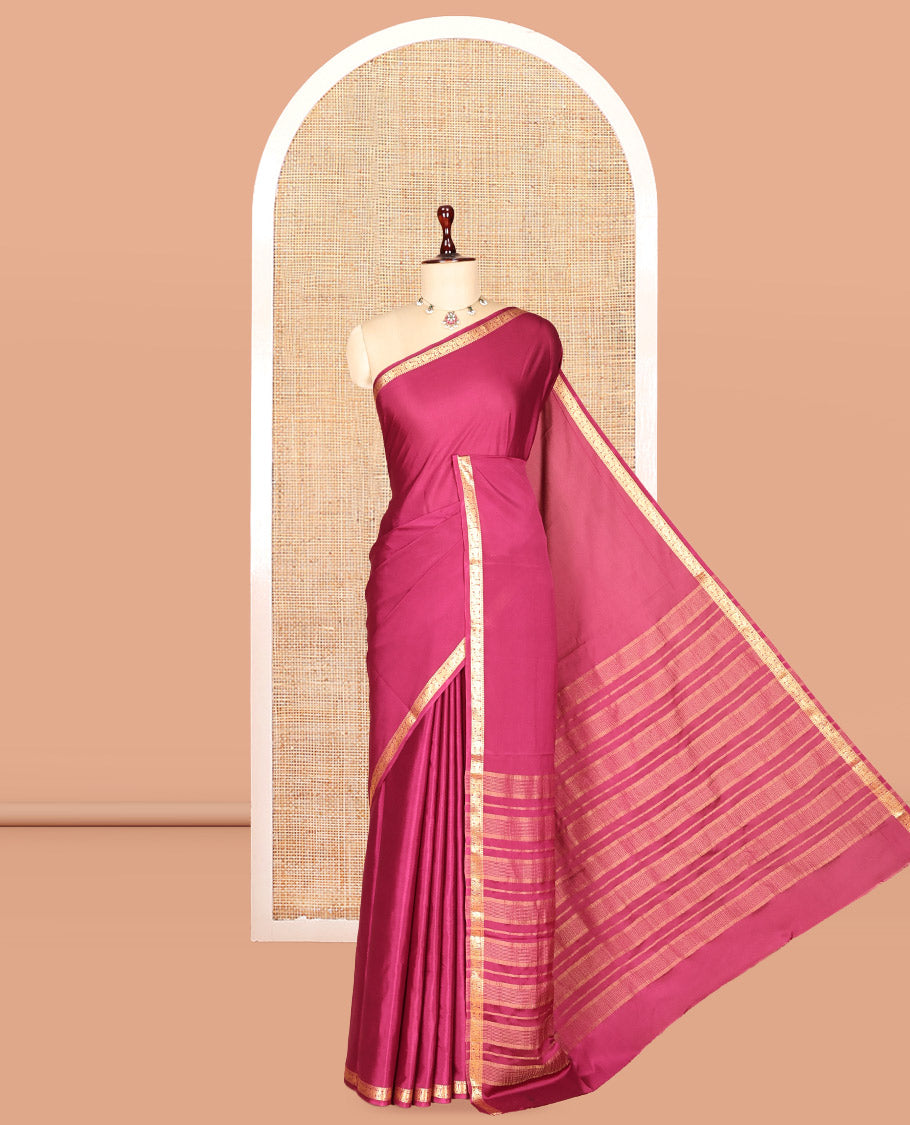 Wine Plain Semi-Mysore Saree, a Zari Elephant-Peacock Butta Border, Striped Pallu, Matching Blouse