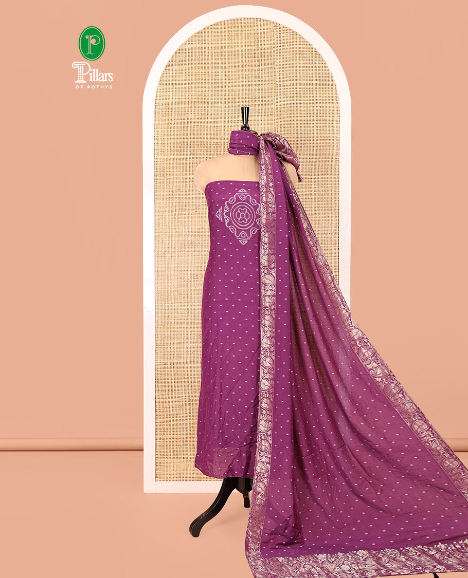 Dark Purple Mul Chanderi Material Chudidar Set, Subtly Printed with Bandhani-Style Printed Top, a Plain Santoon Bottom, and Paired with a Matching Mul Chanderi Bandhani-Dotted and Zari-Woven Dupatta