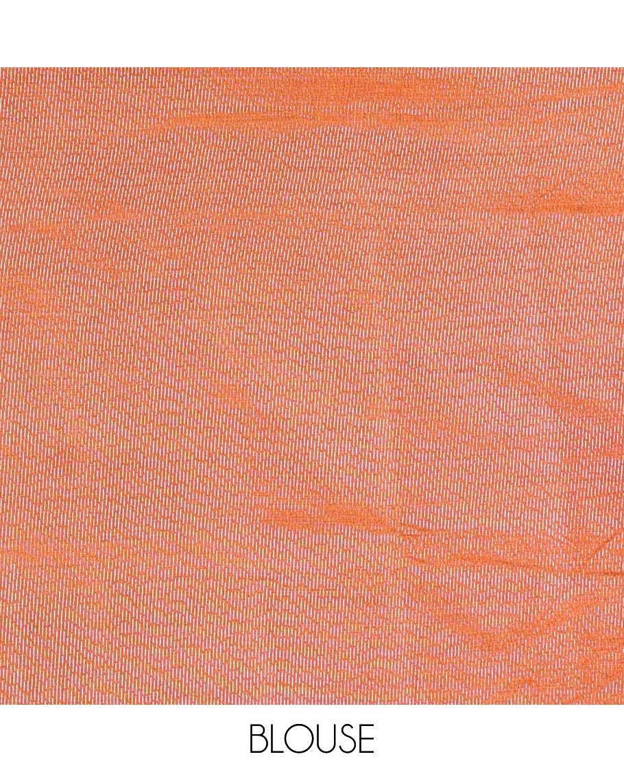 Rust Orange Semi-Tussar Saree Beautified with Zari Horizontal Stripes and Thread Floral Designs, Featuring a Subtly Woven Temple Zari Border, a Striped Pallu, and a Matching Blouse