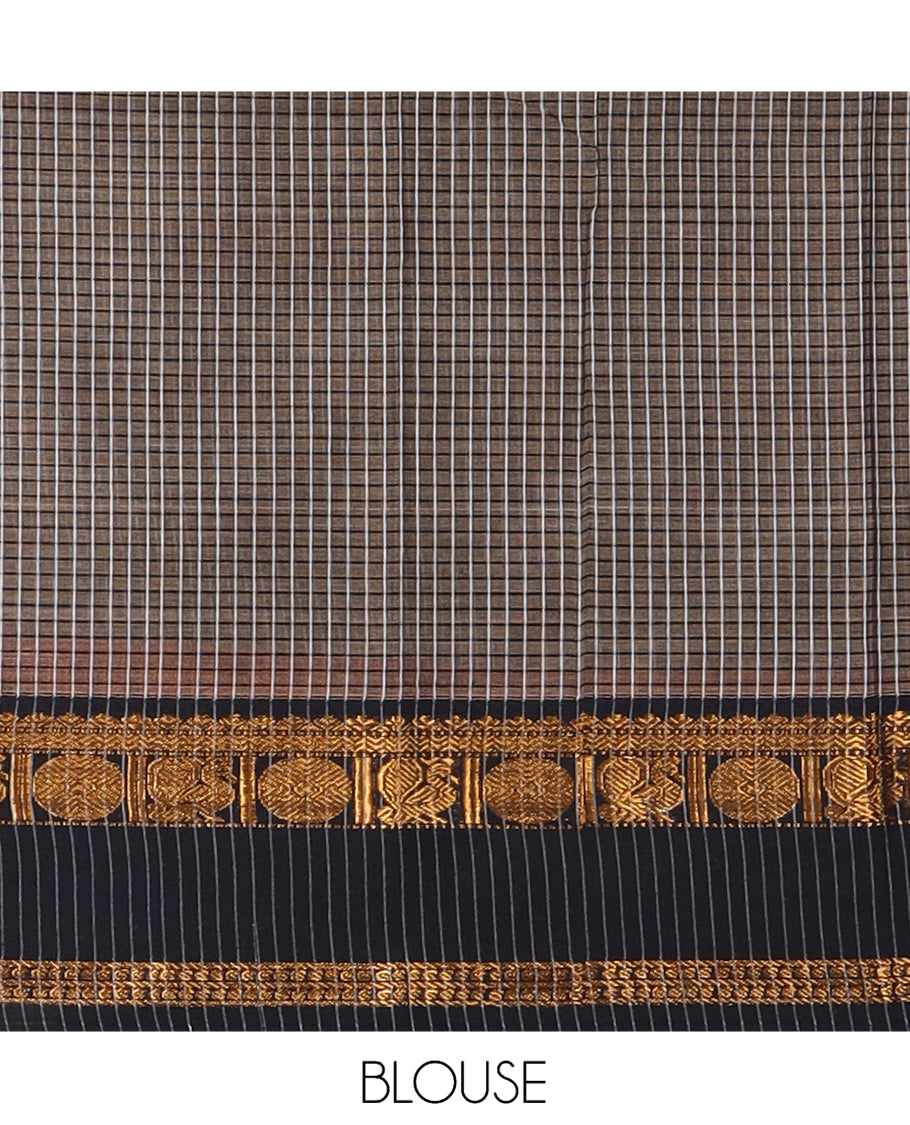 Dark Brown Checked Mercerised Cotton Saree, Contrast Ganga-Jamuna Traditional Border, and Matching Blouse