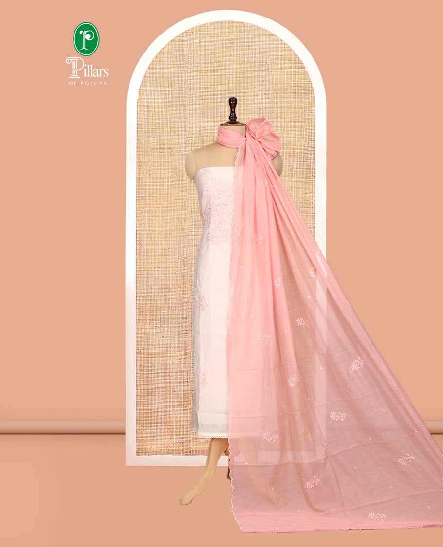 Cream-Peach Mul Chanderi Material Churidar Features Thread-Sequins Embroidered Top, a Contrast Bottom, Scallop Embroidered Dupatta