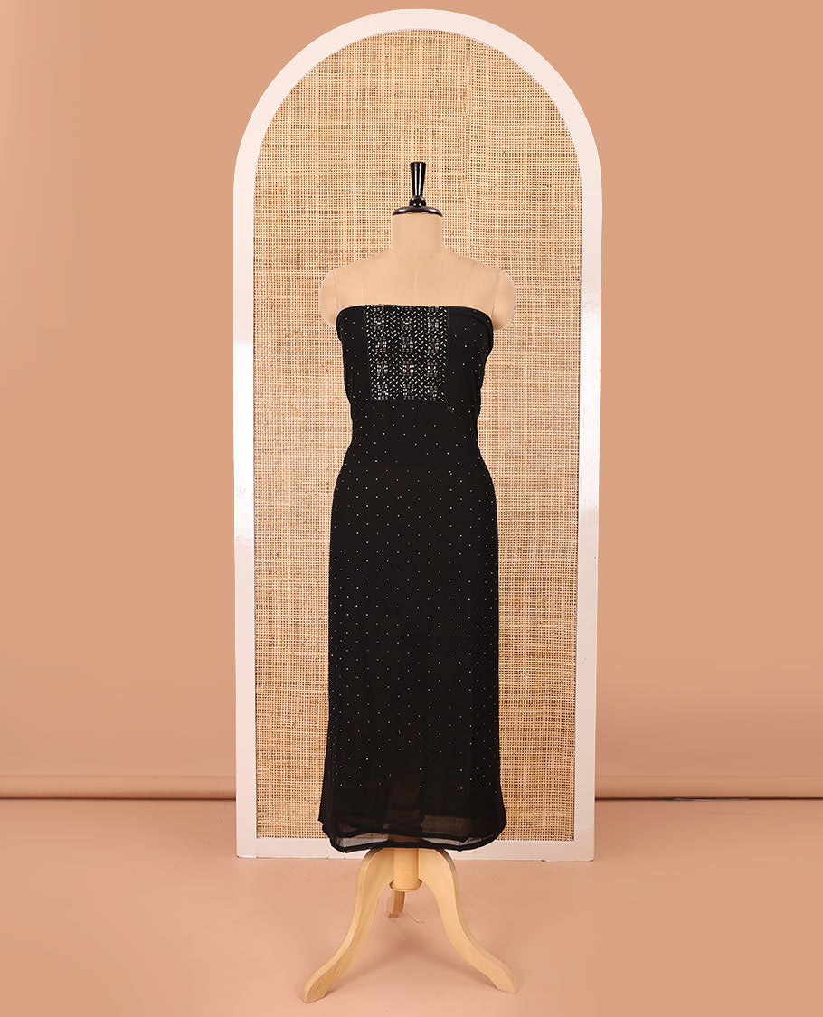 Black material chudidar set, silver stone embroidered with neck bead work georgette top, santoon plain botom, and scallop swarovski stone work dupatta