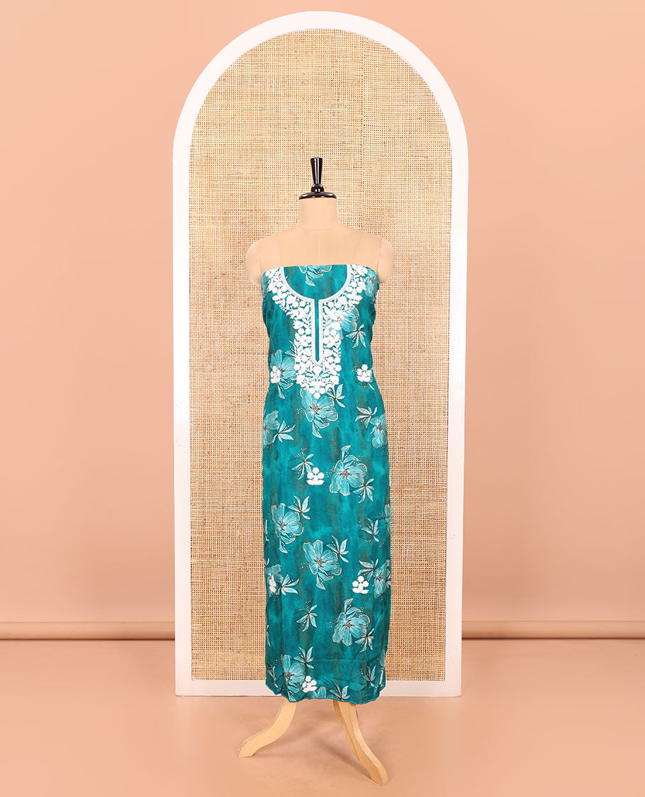 Rama Material Chudidar Set Accentuated with Phulkari-Style Floral Embroidery and Floral Print Rayon Top, Subtly Made Plain Rayon Bottom, and a Chiffon Georgette Dupatta of Floral Theme Designs