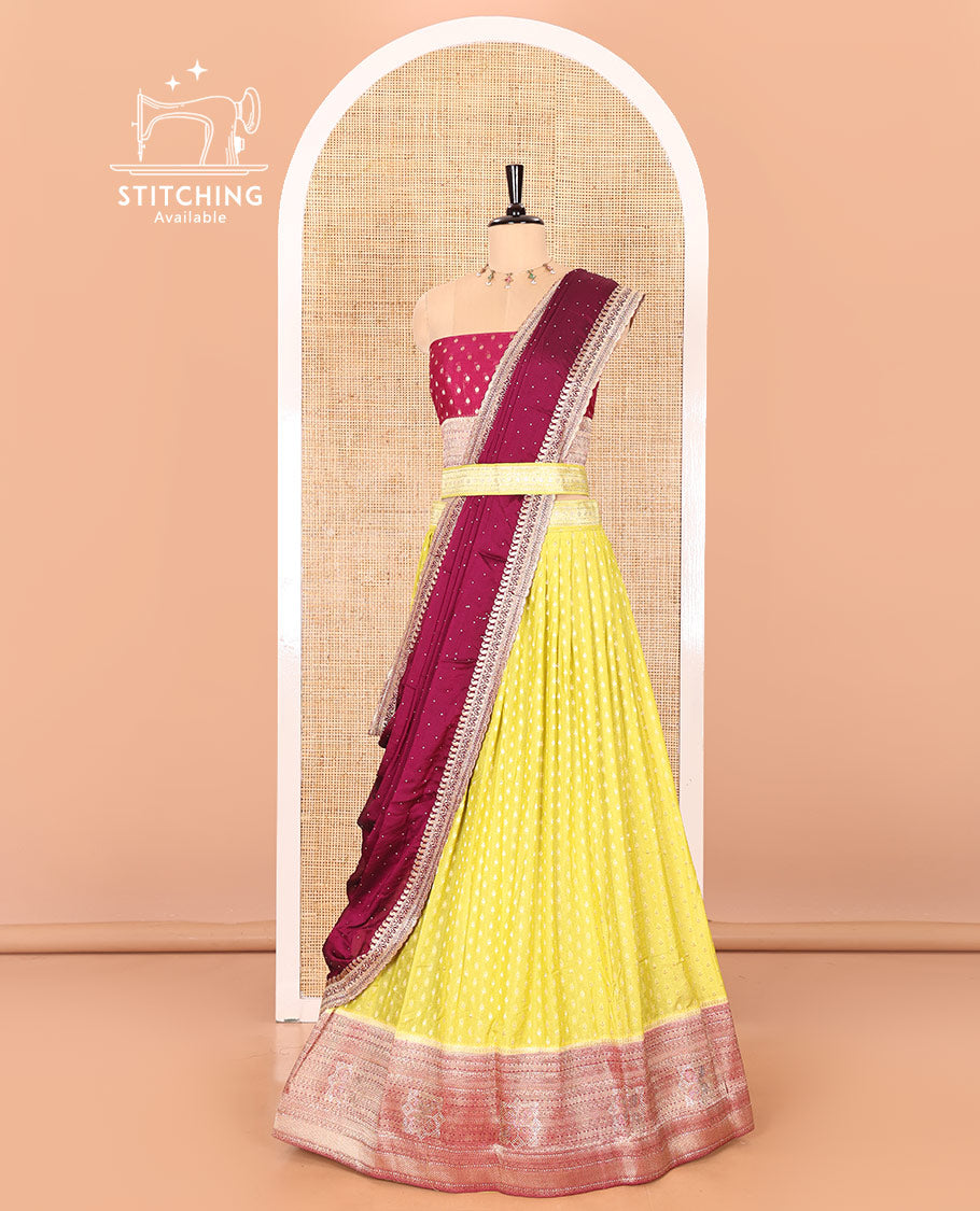 Parrot Green Buttas Embroidered Half-Saree with Contrast Traditional Motifs, Embroidered Viscose Georgette Border, Contrast Blouse, Intricately Embroidered Syska Georgette Dhavani, and a Embroidered Belt