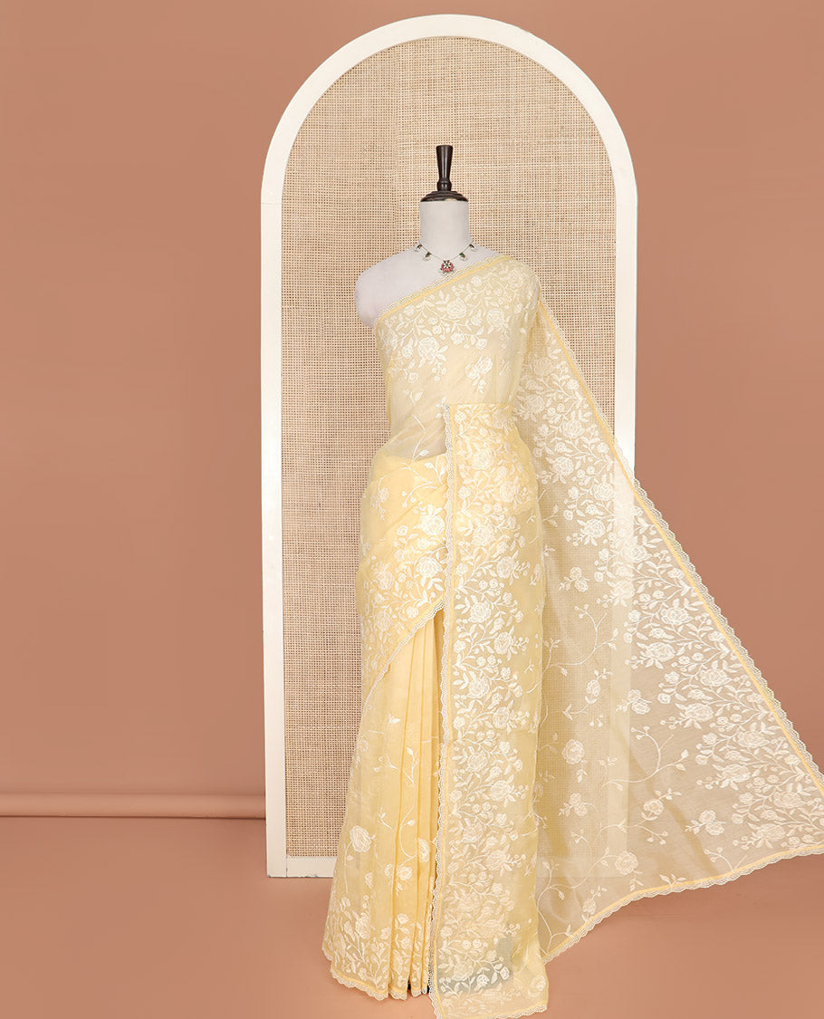 Yellow Crushed Saree, Subtly Sparkled with Silhouette-style Floral Vine Designs On Its Body, Subtle Self-Border, Pallu of Same Designs, and Paired with a Matching Blouse