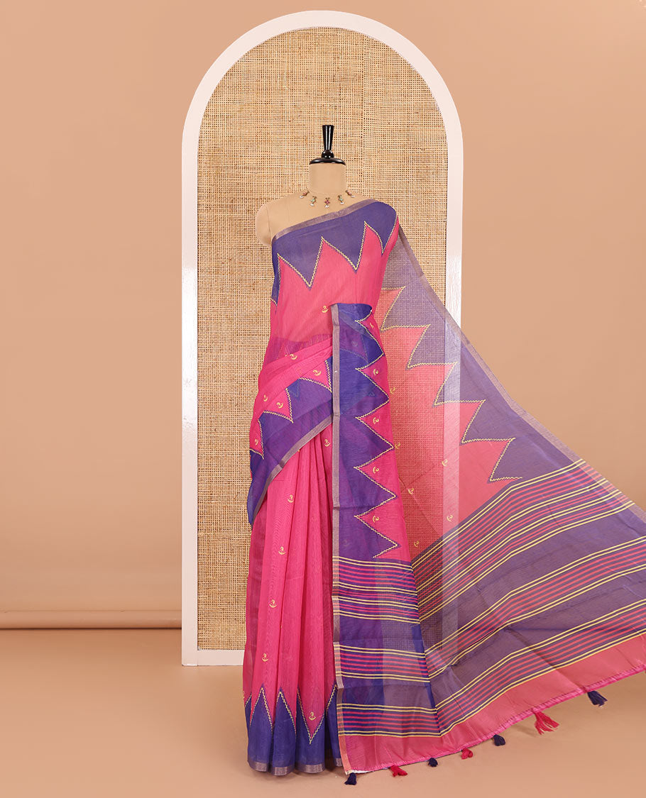 Rani pink small buttas printed Linen cotton saree, contrast double-sided temple border, striped pallu, and vertically striped blouse