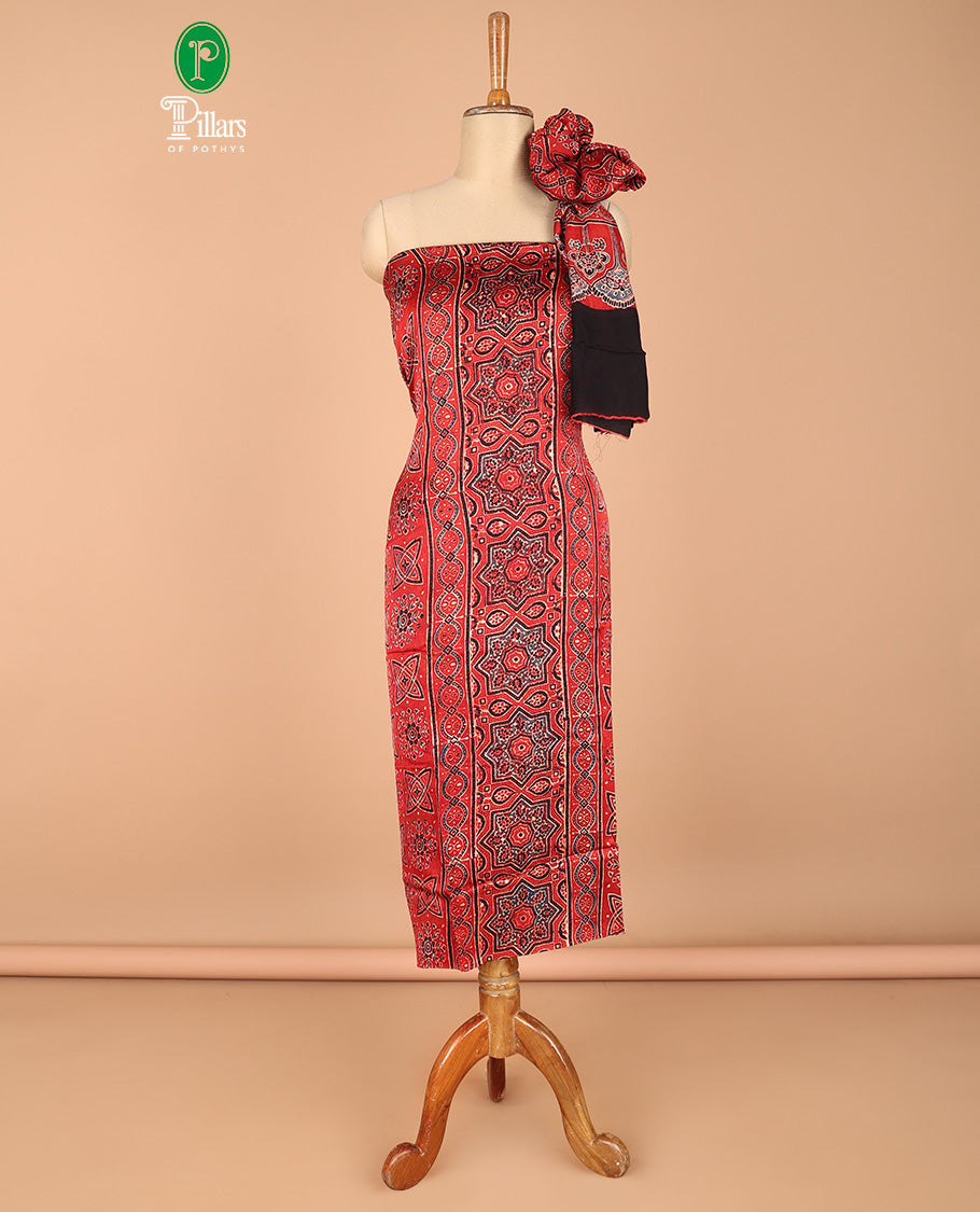 Maroon chudidhar material set pure modal hand block ajrack print top with plain pant & hand block print dupatta