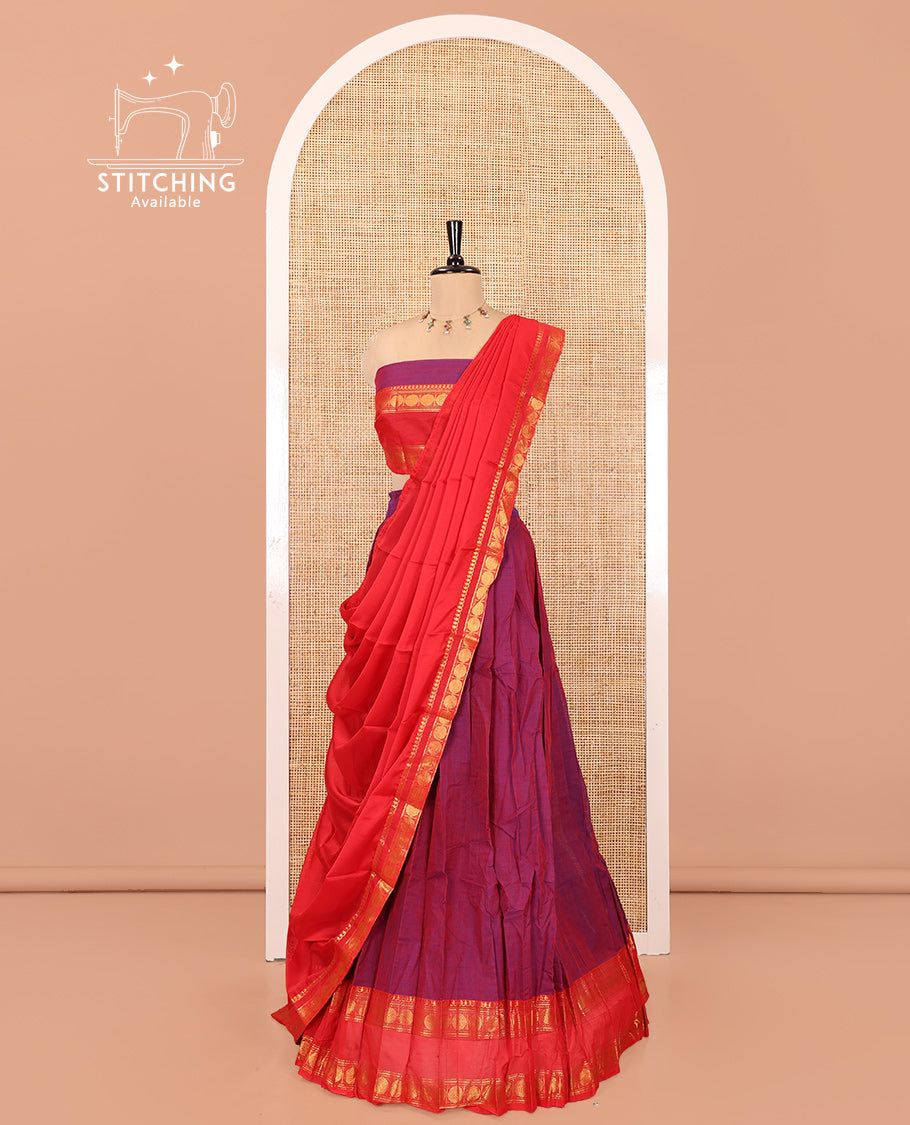 Magenta-Red Chettinad Cotton Half-Saree Featuring Plain Skirt, Contrast Rettai Pettu Rudraksham Border, Matching Blouse, Syska Georgette Dhavani