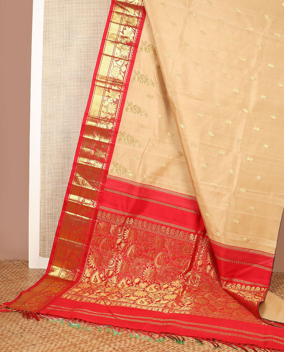 Sandal zari buttas Kanchipuram silk saree, contrast one-sided korvai border of rekku,banaras & mayil kann & floral-paisley pallu