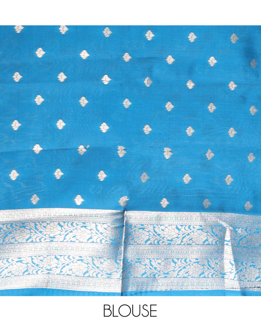 Rama Blue Litchi Saree Features Tissue-Zari Weave, a Temple Kodi Visiry Border, Grand Pallu and a Matching Blouse