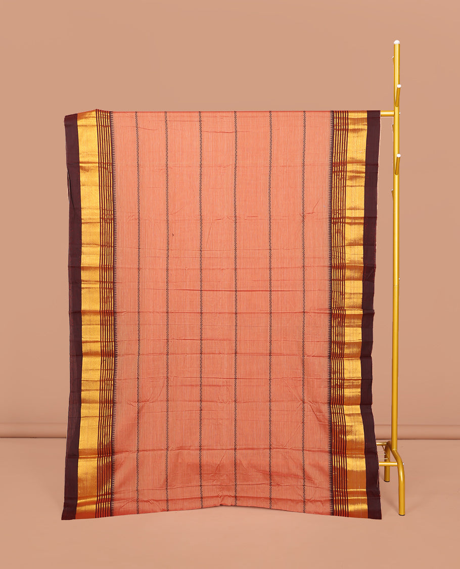 Peach Narayanpet Cotton Saree, Adorned with Veldhari Stripes, Complemented by a Contrast Temple Traditional Zari Design Border, Striped Pallu, and Comes Without a Blouse