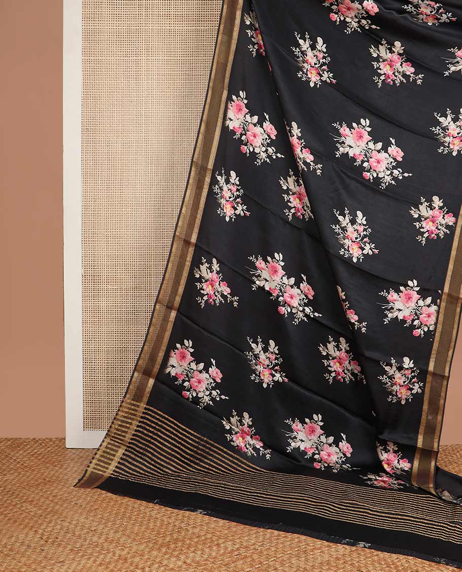 Black floral motifs printed silk saree with contrast zari design border & striped pallu