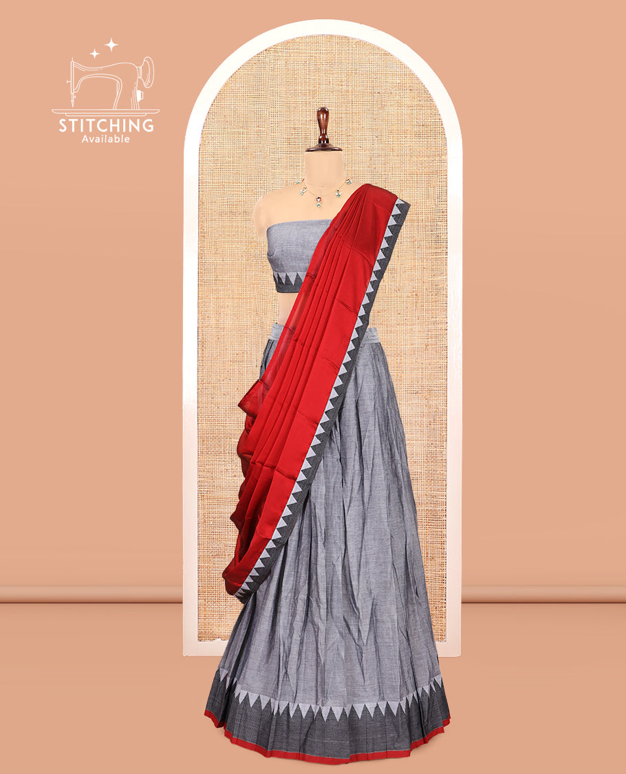 Grey Mercerised Cotton Half-Saree, Plain Skirt, a Temple Border, a Matching Blouse, Contrast Dhavani