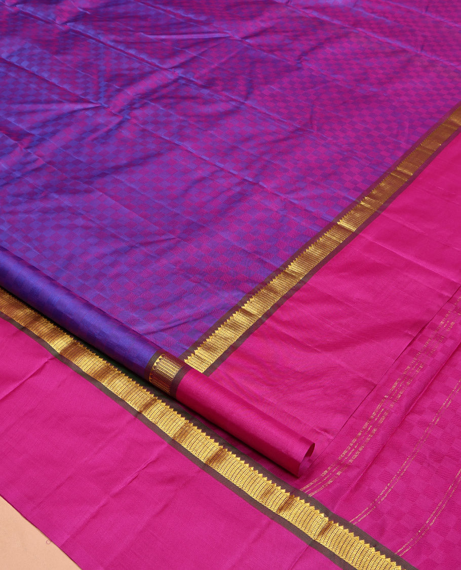 Blue-Pink Kanchipuram Silk Saree, Sparsely Woven with Paiyaadi Kattam on Its Body, Complemented by Contrast Kal Eragina Border of Rekku, and Vanki Designs, Zari-Striped Pallu, and Paired with a Contrast Blouse