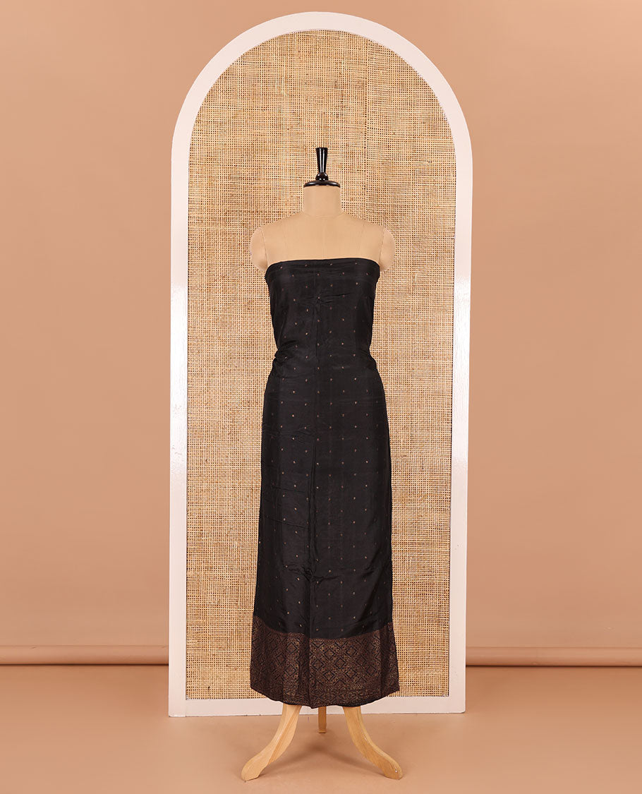 Black material chudidar set, copper zari buttas and jaal design semi-modal silk top, plain santoon bottom, and zari design woven semi-modal silk dupatta